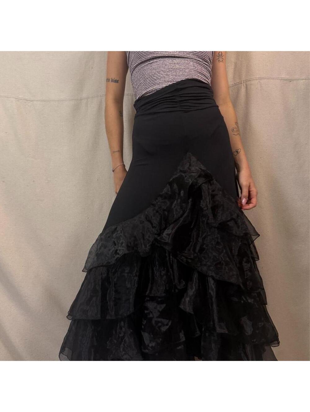 black strapless ruffle hem maxi dress skirt Dramatic flamenco
